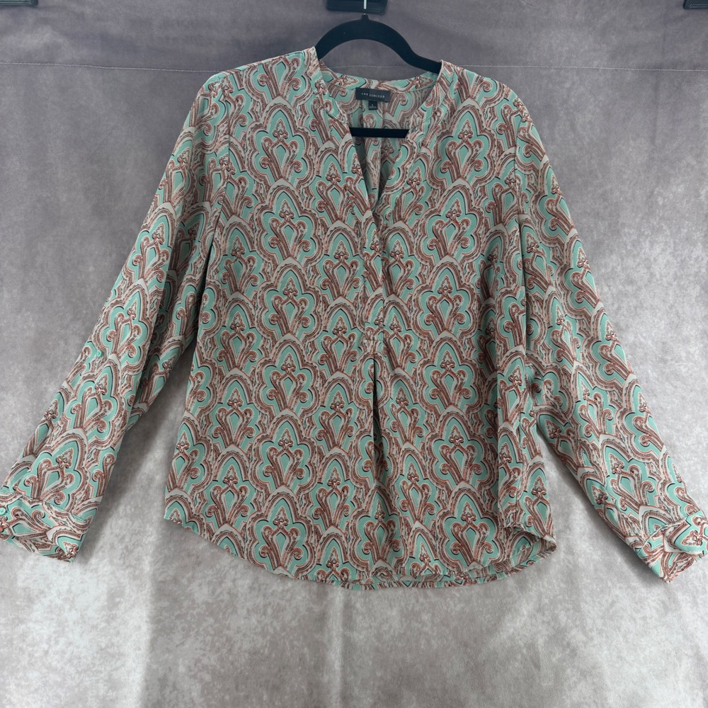 The Limited Paisley Roll Tab Blouse Mint Green Coral V-Neck Boho Eclectic Flowy